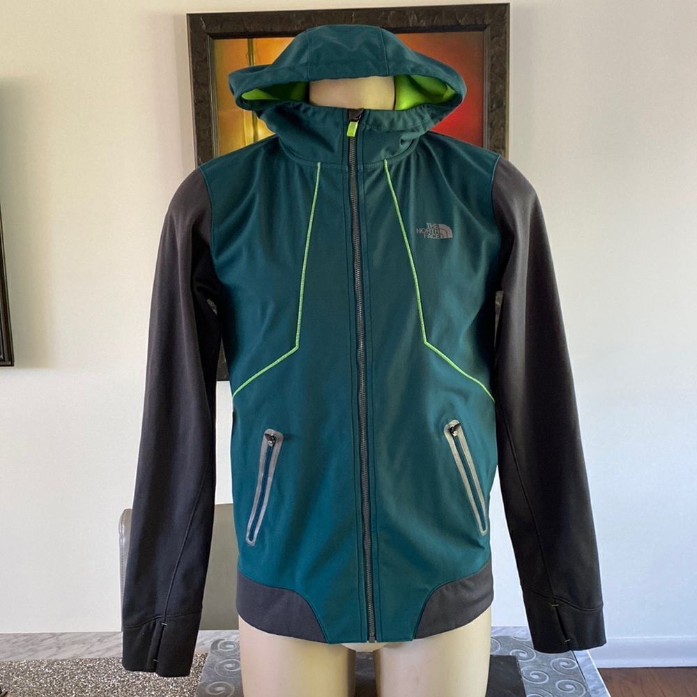 The North Face Small Kilowatt Jacket Dark Green Neon Grey Pockets Hoodie